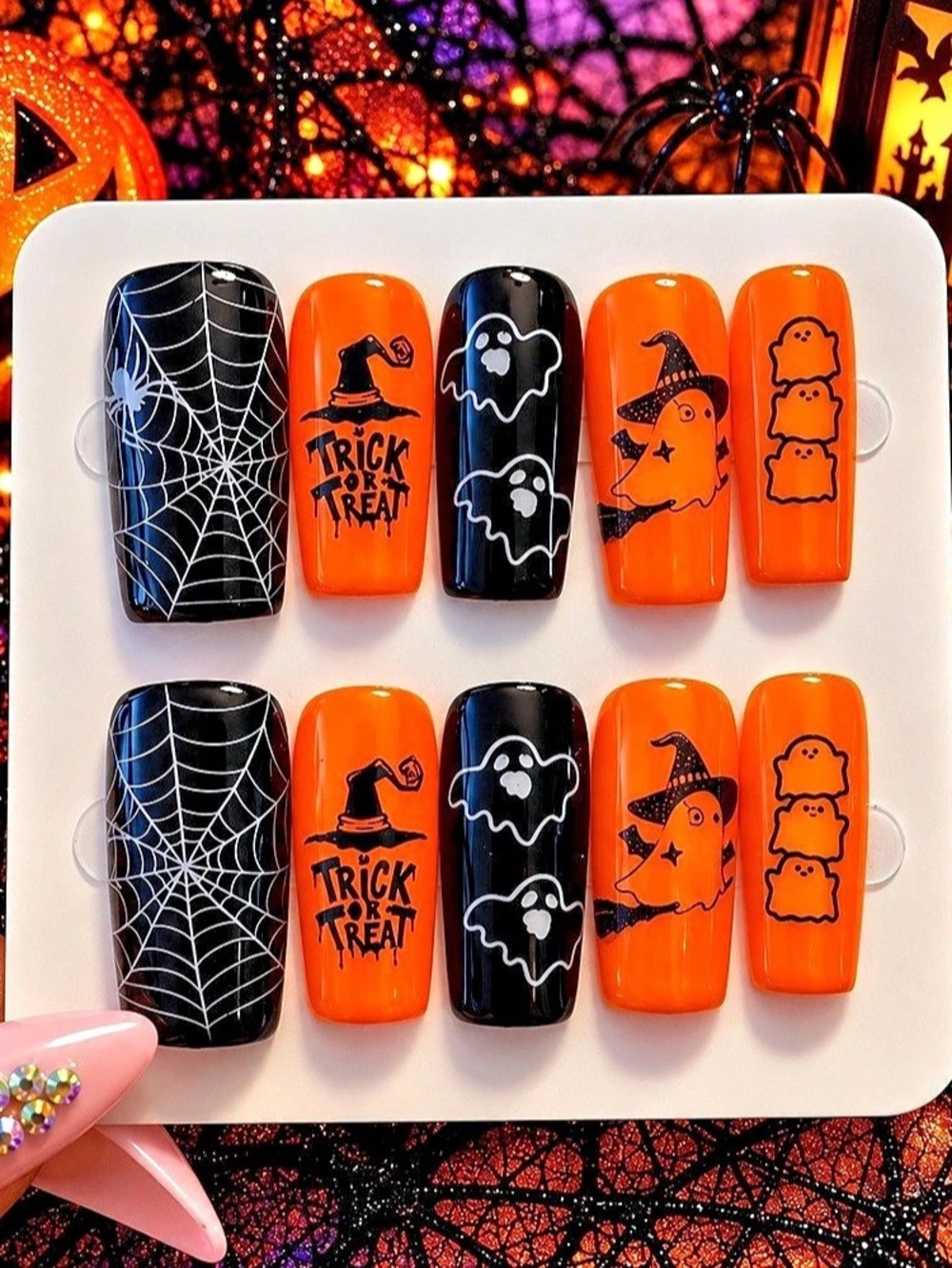 🎃 Orange & Black Halloween Ghost Spiderweb Press-On Nails – Size Medium 🕸️👻